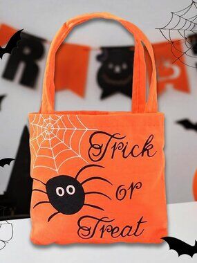 Halloween Trick or Treat Canvas Candy Tote Bag Orange Spider Web Reusable Kids